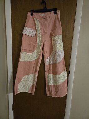 POL Pink Patchwork Wide Leg Pants with Cream Floral Panels
